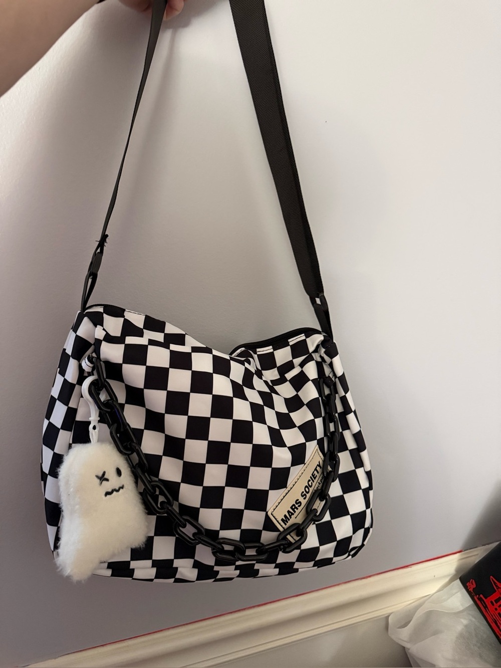 Society Black & White Checker Shoulder Bag with Chain - Picture 1 of 8